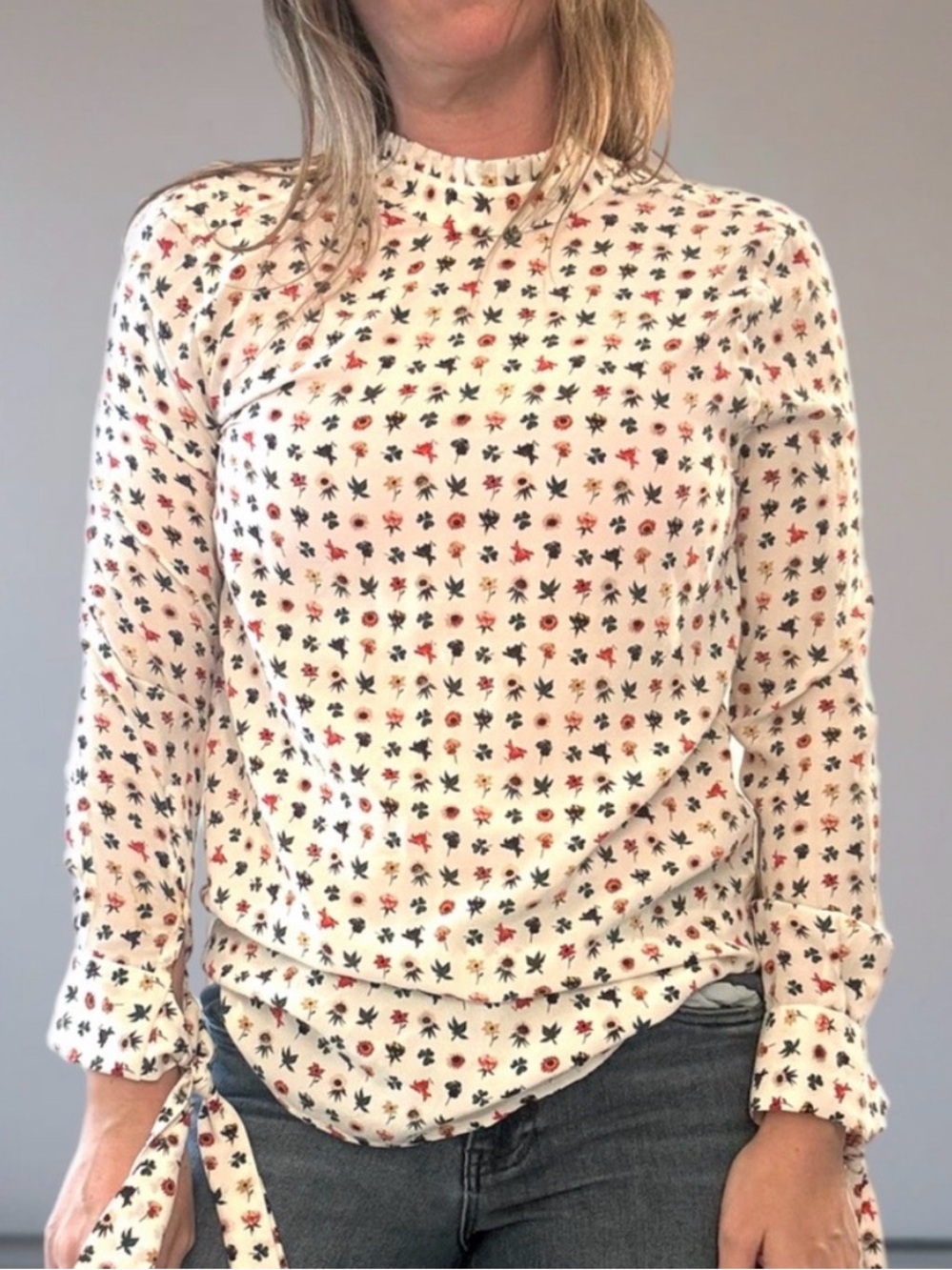 Equipment Femme Aurora Blouse XSmall Floral Silk Pleated Mock Neck tie